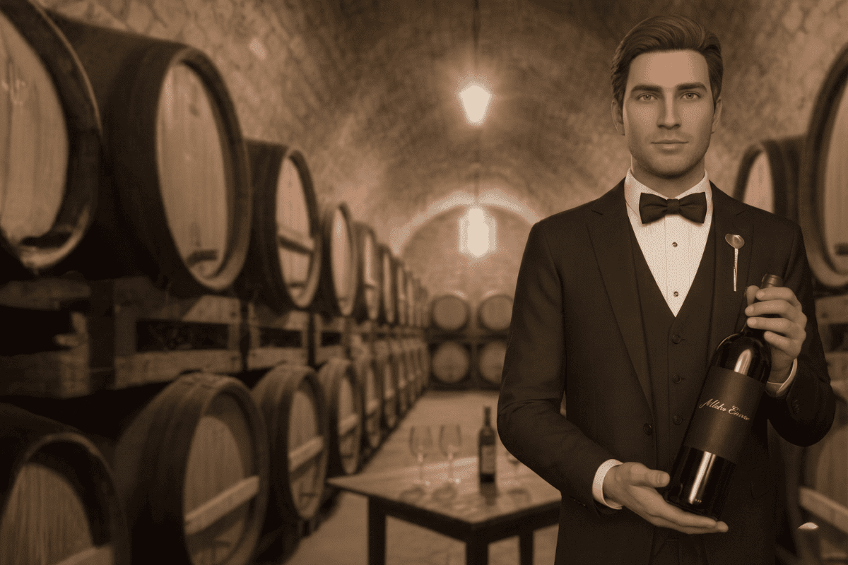 Avatar 3D hiperrealista vestido de sommelier actuando como guía turístico virtual con inteligencia artificial en una sala de barricas.