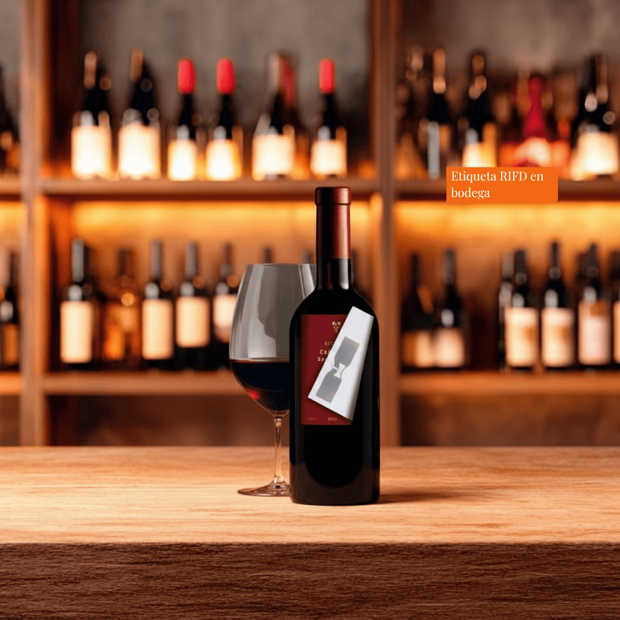 Botella de vino premium con etiqueta RFID invisible BottleID integrada para control de trazabilidad y autenticidad.