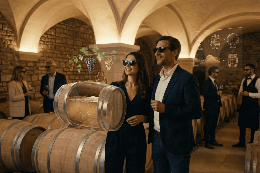 Visitantes en una bodega utilizando gafas de realidad extendida ligeras para ver animaciones digitales 3D del proceso de fermentación del vino superpuestas sobre barricas reales.