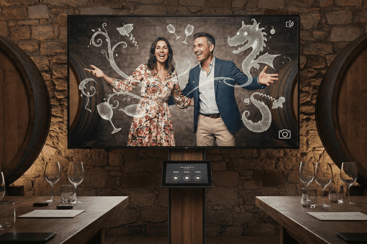 Pareja interactuando con un photocall de realidad aumentada en una bodega, donde aparecen elementos virtuales como dragones y vides mágicas alrededor de ellos en la pantalla.