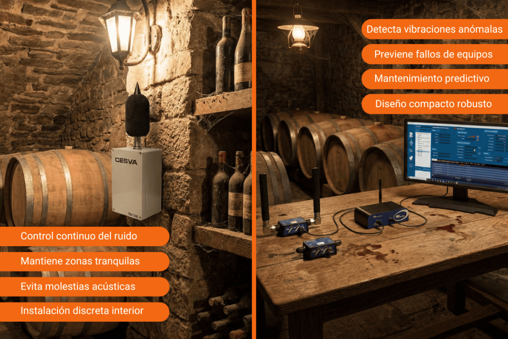 Sensores industriales de ruido y vibración instalados en muro de bodega para garantizar el reposo del vino.