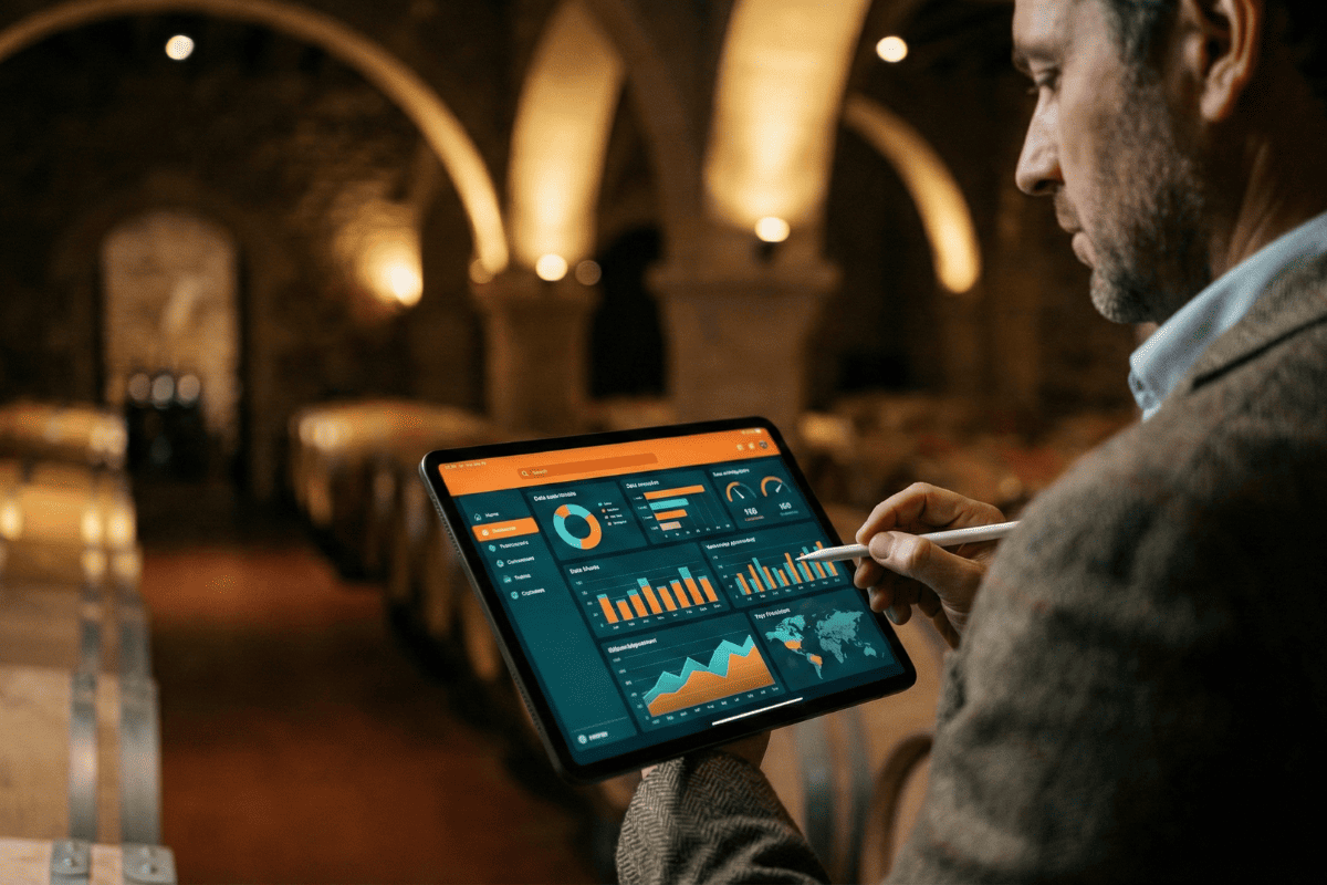 Enólogo consultando el software WineryHub en una tablet dentro de la bodega. Panel de control con gráficas de fermentación y alertas predictivas.