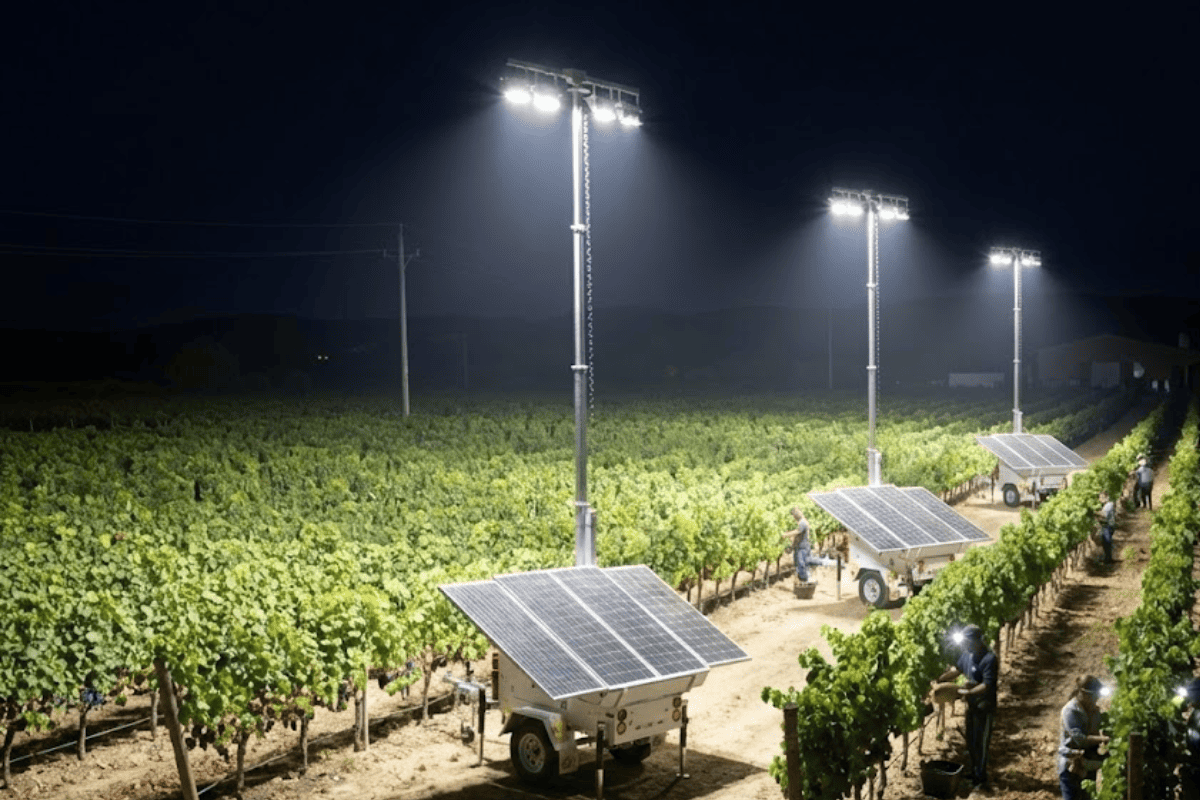 Operativa de vendimia nocturna iluminada por torres 100% solares de FH Solar. Cosecha silenciosa y sin emisiones para preservar la calidad de la uva y evitar la oxidación