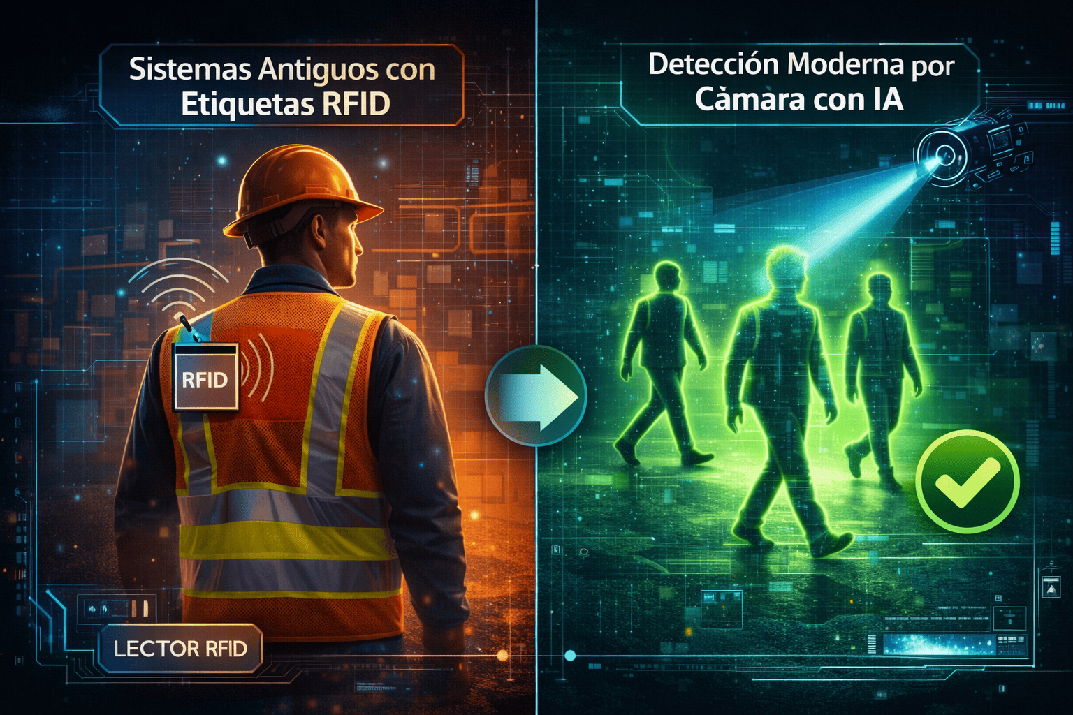 Comparativa visual entre sistemas antiguos de etiquetas RFID y la detección moderna por cámara con Inteligencia Artificial Proxicam