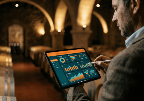 Enólogo consultando el software WineryHub en una tablet dentro de la bodega. Panel de control con gráficas de fermentación y alertas predictivas.