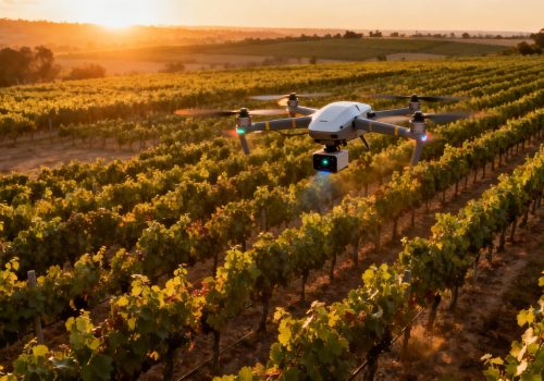 Dron agrícola volando sobre viñedo para monitorización de viticultura de precisión con Inteligencia Artificial - Solución WineryHub.